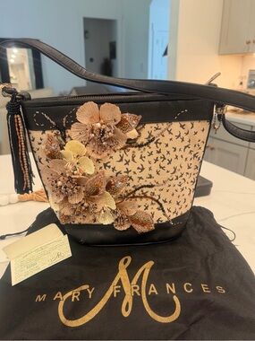 Mary Frances Black & Beige Floral Appliqué Beaded Shoulder Bag